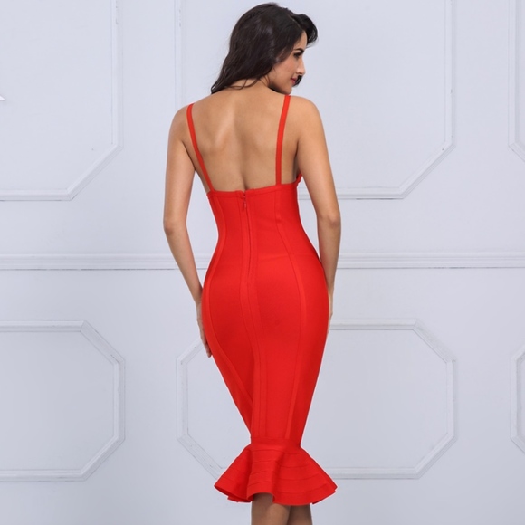 Bandage V-Neck Midi Mermaid Dress in Bright Red - Picture 5 of 13
